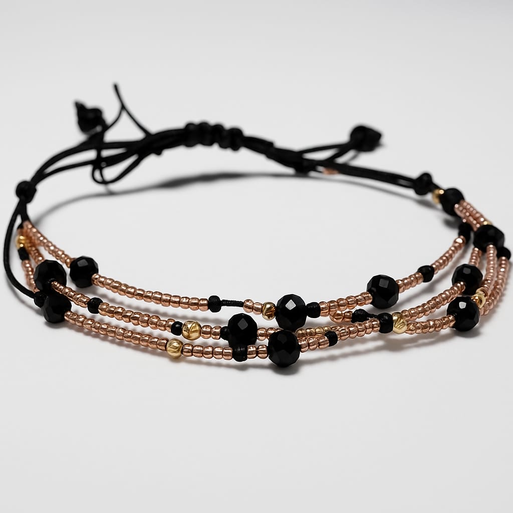 Brățară triplă handmade cu biluțe din aur 14K 3mm ,onix negru fațeta și mărgele Miyuki